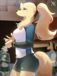 Rule 34 | 00niine, 1girl, animal ears, animal nose, artist name, bike shorts, blonde hair, blue eyes, blue sleeves, blurry, blurry background, body fur, breasts, chromatic aberration, closed mouth, cowboy shot, dated, dog ears, dog girl, dog tail, elizabelle (00niine), female focus, from side, furry, furry female, hair tie, hands up, happy, highres, indoors, large breasts, layered sleeves, long hair, looking to the side, original, own hands together, ponytail, profile, raglan sleeves, shirt, sideways mouth, signature, skindentation, smile, snout, solo focus, standing, tail, white shirt, yellow fur