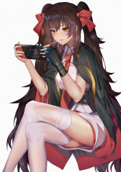 Rule 34 | 1girl, black gloves, blush, breasts, brown eyes, brown hair, buttons, candy, cape, crossed legs, double-breasted, food, girls&#039; frontline, gloves, hair between eyes, hair ribbon, handheld game console, henz, highres, holding, holding handheld game console, lollipop, long hair, looking at viewer, medium breasts, mouth hold, necktie, nintendo switch, pleated skirt, ribbon, shirt, simple background, single glove, skirt, solo, thighhighs, thighs, twintails, type 97 (girls&#039; frontline), underbust, very long hair, white background, white shirt, white thighhighs