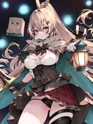 Rule 34 | 1girl, :o, belt, black gloves, black panties, black thighhighs, breasts, brown belt, brown capelet, brown hair, cameltoe, cape, capelet, fingerless gloves, gloves, gluteal fold, green cape, highres, holding, holding lantern, holding sword, holding weapon, hololive, hololive english, lantern, large breasts, long hair, looking at viewer, nanashi mumei, nanashi mumei (1st costume), panties, partially fingerless gloves, red skirt, single thighhigh, skirt, solo, sword, thighhighs, thighs, underwear, virtual youtuber, waterring, weapon, yellow eyes