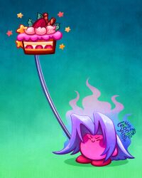 Rule 34 | artist logo, blue background, blush stickers, cake, cake slice, closed eyes, colored skin, copy ability, cosplay, final fantasy, final fantasy vii, food, fruit, gradient background, green background, grey hair, holding, holding sword, holding weapon, kirby, kirby (series), leonieyue, masamune (ff7), nintendo, no humans, pink skin, sephiroth, sephiroth (cosplay), star (symbol), strawberry, super smash bros., sword, two-tone background, weapon