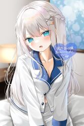 Rule 34 | 1girl, blue eyes, blue eyeshadow, commentary, commission, double-parted bangs, eyeshadow, grey hair, hair ornament, hairclip, heart, highres, indie virtual youtuber, long hair, makeup, nagino mashiro, ohagetty, open mouth, pajamas, pants, shirt, skeb commission, solo, virtual youtuber, white pajamas, white pants, white shirt, x hair ornament