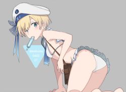 Rule 34 | 1girl, all fours, ass, bag, beret, bikini, blonde hair, blue background, blue eyes, blush, bow, character name, clothes writing, commentary request, frilled bikini, frills, grey background, hair between eyes, hat, hat bow, kantai collection, kirihota, looking at viewer, looking back, mouth hold, one-hour drawing challenge, sailor bikini, sailor collar, shoulder bag, solo, striped, striped bow, swimsuit, tupet, twitter username, two-tone background, white bikini, white hat, z1 leberecht maass (kancolle)