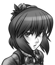 Rule 34 | 1girl, close-up, cosplay, female focus, five-seven (0verlimits), ghost in the shell, ghost in the shell stand alone complex, greyscale, hair ornament, hairband, kusanagi motoko (cosplay), leaf, leaf hair ornament, monochrome, open mouth, solo, touhou, yasaka kanako, yasaka kanako (cosplay)
