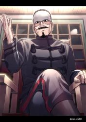 Rule 34 | 1boy, artist name, black eyes, black hair, boots, facial hair, forehead protector, goatee, golden kamuy, hand up, highres, crossed legs, letterboxed, looking at viewer, male focus, menma kozo, mustache, pants, scar, sitting, solo, tsurumi tokushirou, uniform, window