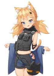 Rule 34 | 1girl, absurdres, animal ear fluff, animal ears, bag, bare shoulders, black vest, blonde hair, blue eyes, blue panties, blue shorts, cat ears, cat girl, cat tail, cowboy shot, extra ears, girls&#039; frontline, hair ornament, handbag, highres, hip vent, idw (girls&#039; frontline), idw (mod3) (girls&#039; frontline), long hair, looking at viewer, midriff, mod3 (girls&#039; frontline), mokew, navel, open mouth, panties, pouch, short shorts, shorts, shoulder pads, simple background, smile, solo, standing, tail, underwear, vest, white background