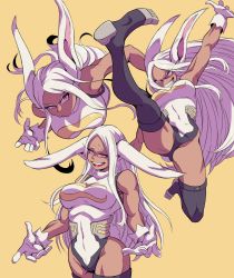 Rule 34 | 1girl, animal ears, biceps, boku no hero academia, breasts, clothing cutout, crescent print, dark-skinned female, dark skin, fighting, fighting stance, fur collar, gloves, heattech leotard, highleg, highleg leotard, highres, kristallion, large breasts, leotard, long eyelashes, long hair, looking at viewer, mirko, multiple views, muscular, muscular female, rabbit ears, rabbit girl, rabbit tail, red eyes, simple background, smile, spread legs, superhero costume, tail, tail through clothes, tan, taut leotard, teeth, thick thighs, thighs, toned, turtleneck, very long hair, white gloves, white hair, white leotard, yellow background