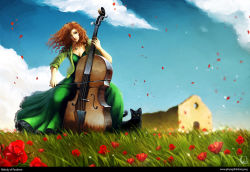 Rule 34 | 1girl, bow (music), breasts, building, cat, cello, cloud, curly hair, dress, flower, grass, green dress, green eyes, instrument, jewelry, lips, lipstick, makeup, md5 mismatch, medium breasts, necklace, orange hair, original, phungdinhdung, resized, sitting, sky, sleeves pushed up