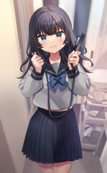 Rule 34 | 1girl, black hair, black sailor collar, black skirt, blue bow, blue eyes, blurry, blurry background, blush, bow, closed mouth, commentary request, depth of field, grey shirt, hands up, highres, holding, indoors, long hair, long sleeves, looking at viewer, minami saki, original, pleated skirt, puffy long sleeves, puffy sleeves, sailor collar, school uniform, serafuku, shirt, skirt, smile, solo, standing