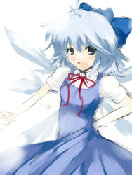 Rule 34 | 1girl, blaze (blazeillust), blue eyes, blue hair, bow, cirno, embodiment of scarlet devil, fang, hair bow, hair ribbon, hand on own hip, looking at viewer, matching hair/eyes, neck ribbon, open mouth, ribbon, sketch, smile, solo, touhou