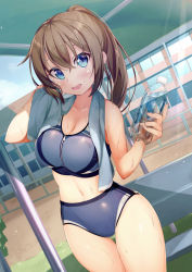 Rule 34 | 1girl, blue buruma, blue eyes, blue sports bra, bottle, breasts, brown hair, buruma, cleavage, highres, large breasts, long hair, looking at viewer, navel, open mouth, original, outdoors, ponytail, smile, solo, sports bikini, sports bra, sweat, thigh gap, thighs, to kifa, towel, water bottle, wiping, wiping face