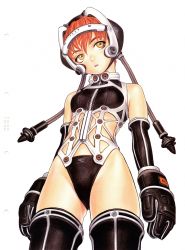 Rule 34 | absurdres, flat chest, form code, from below, gloves, highres, murata range, orange hair, scan, short hair, solo, yellow eyes