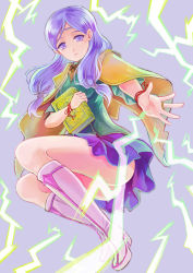 Rule 34 | 1girl, akuru (akr369akr), blue skirt, boots, capelet, circlet, electricity, fire emblem, fire emblem: path of radiance, floating hair, full body, green shirt, grey background, holding, ilyana (fire emblem), knee boots, long hair, looking at viewer, miniskirt, nintendo, open mouth, outstretched hand, pleated skirt, purple eyes, purple hair, red ribbon, ribbon, shirt, skirt, solo, very long hair, white footwear, wrist ribbon, yellow capelet