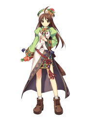 Rule 34 | 1girl, atelier (series), atelier viorate, boots, bow, brown eyes, brown hair, carrot, female focus, full body, hat, long hair, long sleeves, nippon ichi, official art, simple background, skirt, solo, standing, trinity universe, tsunako, upright, viorate platane, white background