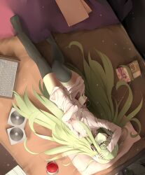 Rule 34 | 1girl, absurdres, black thighhighs, cd, character request, chinese commentary, commentary request, computer, green eyes, green hair, headphones, highres, holding, holding phone, laptop, light particles, long hair, long sleeves, looking at viewer, lying, maidcode1023, manga (object), no shoes, on back, on bed, one eye closed, open clothes, open shirt, panties, patchouli knowledge, phone, shirt, sidelocks, solo, thighhighs, touhou, underwear, white panties, white shirt