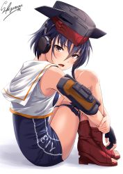 Rule 34 | 1girl, :o, ankle boots, armlet, artist name, blue hair, blue one-piece swimsuit, blush, boots, breasts, brown eyes, character name, clothes writing, crop top, crossed ankles, framed breasts, from side, full body, gloves, hair between eyes, hat, headset, i-13 (kancolle), kantai collection, knees up, legs together, looking at viewer, looking to the side, machinery, no socks, one-piece swimsuit, open mouth, partially fingerless gloves, red footwear, sailor collar, sakiyamama, school swimsuit, short hair, signature, single glove, sitting, small breasts, solo, swimsuit, thigh strap, toeless footwear, toes, turret