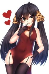 Rule 34 | 1girl, :o, animal print, bad id, bad pixiv id, black gloves, black hair, black thighhighs, blush, breasts, brown eyes, china dress, chinese clothes, covered navel, dress, finger to mouth, garter straps, gloves, hair between eyes, hair ribbon, head tilt, heart, highres, idolmaster, idolmaster cinderella girls, leopard print, long hair, matoba risa, open mouth, pelvic curtain, print ribbon, red dress, ribbon, ricroot, simple background, sleeveless, sleeveless dress, small breasts, solo, thighhighs, twintails, very long hair, white background
