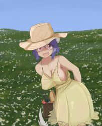 Rule 34 | 1girl, blue hair, blush, collarbone, cow girl, cow horns, cow tail, dress, fang, flower, hat, horns, jashin-chan dropkick, looking at viewer, meadow, minos (jashin-chan dropkick), minos drawfag, navel, nipple slip, nipples, no bra, no panties, open mouth, outdoors, red eyes, see-through, short hair, sky, smile, solo, straw hat, sundress, tail, yellow dress