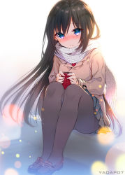 Rule 34 | 1girl, artist name, blue eyes, blush, brown footwear, brown hair, can, cardigan, drink can, full body, green skirt, legs together, long hair, long sleeves, looking down, necktie, nose blush, original, pantyhose, pleated skirt, red necktie, scarf, shoes, simple background, sitting, skirt, smile, soda can, solo, stairs, white scarf, yadapot