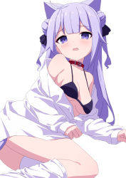 Rule 34 | 1girl, animal ears, asymmetrical legwear, azur lane, bad id, bad pixiv id, bare shoulders, bikini, black bikini, black ribbon, breasts, cat ears, cat girl, cat tail, collar, collarbone, commentary request, double bun, fang, feet out of frame, hair bun, hair ribbon, kemonomimi mode, long hair, long sleeves, looking at viewer, medium breasts, off shoulder, open clothes, open mouth, open shirt, oueo, purple eyes, purple hair, red collar, ribbon, shirt, simple background, sleeves past wrists, solo, swimsuit, tail, thighhighs, thighhighs pull, two side up, unicorn (azur lane), wavy mouth, white background, white shirt, white thighhighs