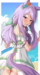 Rule 34 | 1girl, absurdres, animal ears, beach, bikini, bikini under clothes, border, flower, food, food in mouth, frilled one-piece swimsuit, frilled swimsuit, frills, fumitonkatsu, hair flower, hair ornament, highres, horse ears, horse girl, horse tail, long hair, looking at viewer, looking back, mejiro mcqueen (ripple fairlady) (umamusume), mejiro mcqueen (umamusume), ocean, one-piece swimsuit, outdoors, popsicle, popsicle in mouth, purple eyes, purple hair, sand, solo, swimsuit, tail, umamusume, white border