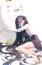 Rule 34 | 1girl, absurdly long hair, absurdres, aris (blue archive), bare legs, barefoot, black hair, black hairband, black skirt, blue archive, blue eyes, closed mouth, hair between eyes, hairband, highres, hugging doll, hugging object, ju-ok, long hair, long hair between eyes, long sleeves, looking at viewer, peroro (blue archive), pleated skirt, shirt, simple background, sitting, skirt, solo, stuffed animal, stuffed bird, stuffed toy, very long hair, white background, white shirt