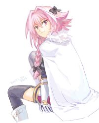 Rule 34 | 1boy, astolfo (fate), black bow, black thighhighs, bow, braid, cape, closed mouth, cropped legs, dated, fate/apocrypha, fate (series), fon-due (fonfon), hair between eyes, invisible chair, long hair, looking at viewer, looking back, male focus, pink eyes, pink hair, signature, sitting, smile, solo, thighhighs, trap, white cape, white footwear