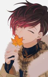 Rule 34 | 1boy, absurdres, alternate costume, autumn leaves, brown hair, brown scarf, closed eyes, coat, commentary, english commentary, ewa (yion yu94148), fingerless gloves, fur-trimmed coat, fur trim, gloves, highres, male focus, multicolored hair, nijisanji, nijisanji en, open mouth, pink hair, plaid, plaid scarf, scarf, smile, solo, streaked hair, ver vermillion, virtual youtuber