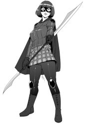 Rule 34 | 1girl, aged up, belt, belt pouch, blunt bangs, bob cut, bodysuit, boots, breasts, cape, clothes writing, double-blade, fighting stance, full body, ganto, glaive (polearm), gloves, greyscale, hit-girl, kick-ass, knee boots, knee pads, lips, looking at viewer, mask, miniskirt, monochrome, plaid, plaid skirt, polearm, pouch, shiny clothes, short hair, shoulder pads, signature, simple background, skirt, solo, standing, superhero costume, utility belt, weapon, white background, zipper