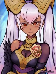 Rule 34 | 1girl, armor, bare shoulders, blush, breasts, cleavage, closed mouth, commentary, corrupted metadata, dark-skinned female, dark skin, english commentary, fire emblem, fire emblem heroes, gradient hair, hair ornament, laevateinn (fire emblem), long hair, looking at viewer, medium breasts, multicolored hair, nintendo, phiphi-au-thon, pink hair, red eyes, solo, twintails, twitter username