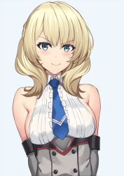 Rule 34 | 1girl, bare shoulders, blonde hair, blue background, blue eyes, blue necktie, braid, breasts, colorado (kancolle), dress, elbow gloves, gloves, grey dress, highres, kantai collection, looking at viewer, medium breasts, necktie, pak ce, shirt, short hair, side braids, sideboob, sleeveless, smile, solo, upper body, v-shaped eyebrows, white shirt