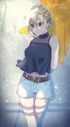 Rule 34 | 1girl, alternate hairstyle, arms behind back, bad id, bad pixiv id, bare shoulders, belt, belt buckle, blush, braid, buckle, collarbone, commentary request, crop top, crossed legs, dated, denim, denim shorts, ear piercing, earrings, feet out of frame, green eyes, hair ornament, hairclip, highres, idolmaster, idolmaster cinderella girls, imoden, jewelry, light brown hair, light particles, navel, piercing, see-through, short hair, shorts, side braid, signature, sleeveless, solo, standing, stud earrings, tada riina, thigh gap, watson cross