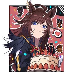 Rule 34 | 1girl, 3others, ahoge, animal ears, birthday, birthday cake, black gloves, black hair, blue eyes, breasts, brown hair, cake, candle, closed mouth, confetti, cream, cream on face, duramente (umamusume), ear ornament, food, food on face, fruit, gloves, hair between eyes, heart, highres, horse, horse ears, horse girl, horse tail, jacket, kukmmo, liberty island (racehorse), long hair, long sleeves, looking at viewer, multicolored hair, multiple others, plate, simple background, spoken heart, stars on earth (racehorse), strawberry, streaked hair, tail, titleholder (racehorse), umamusume, white hair