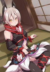 Rule 34 | 1girl, animal ear fluff, animal ears, arm tattoo, black thighhighs, blush, clothes lift, detached sleeves, earrings, extra ears, eyeshadow, fox ears, fox tail, grey hair, hair between eyes, idolmaster, idolmaster cinderella girls, indoors, jewelry, jiino, leg ribbon, lifting own clothes, looking at viewer, makeup, nail polish, navel, pointy ears, red nails, red ribbon, red scarf, ribbon, scarf, shiomi syuko, short hair, skirt, skirt lift, sliding doors, smile, solo, stomach tattoo, tail, tatami, tattoo, thighhighs, yellow eyes