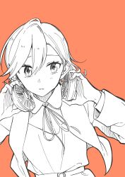 Rule 34 | 1girl, collared shirt, commentary request, dress shirt, greyscale with colored background, hair between eyes, headphones, headphones around neck, highres, jacket, kashikaze, long sleeves, looking at viewer, love live!, love live! superstar!!, medium hair, neck ribbon, open clothes, open jacket, orange background, parted lips, ribbon, school uniform, shibuya kanon, shirt, simple background, solo, upper body, yuigaoka school uniform