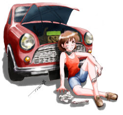 Rule 34 | 1girl, blue shorts, brown eyes, brown footwear, brown hair, car, chutohampa, motor vehicle, open mouth, original, red tank top, shadow, short hair, shorts, signature, simple background, sitting, solo, tank top, vehicle focus, white background, wrench