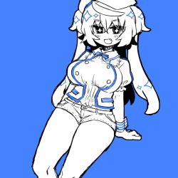 Rule 34 | &gt;:d, + +, 1girl, :d, blue theme, blush, bow, bowtie, breasts, elsie-san (oshiruko), fang, female focus, hat, large breasts, limited palette, looking at viewer, monochrome, open mouth, original, oshiruko (tsume), puffy short sleeves, puffy sleeves, short hair with long locks, short shorts, short sleeves, shorts, simple background, smile, solo, sparkle, thighs, tsurime, two side up, v-shaped eyebrows