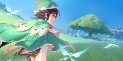 Rule 34 | 1boy, androgynous, beret, black hair, blue sky, braid, cape, commentary, crystalfly (genshin impact), english commentary, genshin impact, gradient hair, grass, green eyes, green hat, hat, highres, long sleeves, looking at viewer, male focus, mountain, multicolored hair, open mouth, outdoors, short hair with long locks, sky, sleepanight766, solo, standing, statue, statue of the seven, tree, twin braids, upper body, venti (genshin impact)
