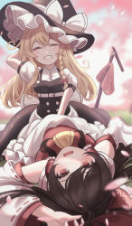 Rule 34 | 2girls, absurdres, apron, blonde hair, blurry, blush, bow, braid, commentary request, depth of field, detached sleeves, duplicate, closed eyes, frilled bow, frilled hat, frills, grin, hair bow, hakurei reimu, hat, highres, kirisame marisa, long hair, lying, maka (user rryf2748), multiple girls, petals, pixel-perfect duplicate, puffy short sleeves, puffy sleeves, short sleeves, side braid, single braid, skirt, smile, touhou, vest, waist apron, witch hat, yuri
