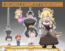 Rule 34 | 1boy, 4girls, bastardkuzu, blue overalls, blush, bowsette, candle, chain, chained, chandelier, check translation, crown, dress, hat, horns, mario, mario (series), multiple girls, new super mario bros. u deluxe, nintendo, overalls, parody, ponytail, princess chain chomp, princess peach, red hat, struggling, super crown, super mario rpg, sweat, translation request, waving arms