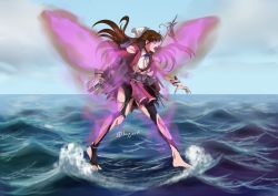 Rule 34 | 1girl, american flag, angry, aura, beta (joutarou), black legwear, bra, breasts, brown hair, chain, claws, commentary, drooling, english commentary, giant, giantess, glowing, glowing eyes, hair ribbon, halberd, half updo, jacket, kantai collection, long hair, medium breasts, messy hair, muscular, muscular female, open mouth, pacific (kancolle), pink bra, polearm, purple eyes, red jacket, red skirt, ribbon, sharp teeth, shirt, skirt, spoilers, standing, standing on liquid, teeth, torn clothes, torn legwear, twitter username, underwear, uss west virginia (bb-48), weapon, west virginia (pacific), white ribbon, white shirt