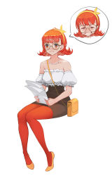 Rule 34 | 1girl, bag, bare arms, bare shoulders, black skirt, blush, breasts, chinese commentary, closed eyes, collarbone, commentary, crying, curly hair, detached sleeves, flats, frilled shirt, frilled sleeves, frills, full body, gem, glasses, hairband, high-waist skirt, highres, holding, holding paper, invisible chair, jewelry, limited palette, medium hair, miniskirt, multiple views, necklace, orange eyes, orange hair, orange pantyhose, orange theme, original, pantyhose, paper, pearl (gemstone), pearl necklace, pencil skirt, peter pan (adtc7243), portrait, puffy short sleeves, puffy sleeves, round eyewear, shirt, short sleeves, shoulder bag, sitting, skirt, smile, speech bubble, spoken object, strapless, strapless shirt, tears, teeth, white background, white shirt, yellow bag, yellow footwear, yellow hairband