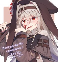 Rule 34 | 1girl, arknights, artist name, belt, belt buckle, black dress, black headwear, blood, blood on face, blood on hands, bloody weapon, blush, border, brown belt, buckle, chain, chain necklace, circular saw, coif, commentary request, commission, dress, fingernails, grey hair, grey sweater, hand to own mouth, hand up, head scarf, holding, holding weapon, jewelry, jpeg artifacts, long hair, long sleeves, looking at viewer, maguro kan, necklace, outside border, over shoulder, red eyes, ribbed sweater, saw, sharp teeth, signature, skeb commission, smile, solo, specter (arknights), strap, sweater, teeth, thank you, turtleneck, turtleneck sweater, upper body, upper teeth only, weapon, weapon over shoulder, white border