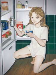 Rule 34 | 1girl, alcohol, barefoot, beer, beer can, blonde hair, brown eyes, can, cup, drink can, holding, holding can, holding cup, indoors, kneeling, long hair, looking to the side, on one knee, original, refrigerator, shirt, short sleeves, solo, spoon, t-shirt, utensil in mouth, utsuwa0120, white shirt