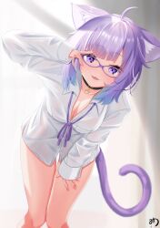 Rule 34 | 1girl, :3, adjusting eyewear, ahoge, animal collar, animal ear fluff, animal ears, black collar, blush, breast pocket, breasts, cat ears, cat girl, cat tail, cleavage, collar, collarbone, downblouse, hand on own thigh, highres, hololive, large breasts, leaning forward, light blush, long sleeves, looking at viewer, medium hair, muutsu (maxwell0916), naked shirt, nekomata okayu, nekomata okayu (oversized shirt), pocket, purple-framed eyewear, purple eyes, purple hair, purple ribbon, ribbon, shirt, smile, solo, tail, virtual youtuber, white shirt