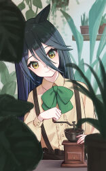 Rule 34 | 1girl, absurdres, animal ears, black hair, black skirt, blurry, blurry foreground, bow, bowtie, closed mouth, coffee grinder, collared shirt, hair between eyes, head tilt, highres, horse ears, indoors, long hair, long sleeves, looking at viewer, manhattan cafe (umamusume), plant, potted plant, shirt, skirt, smile, solo, standing, suspender skirt, suspenders, table, umamusume, upper body, yamada kotaro77, yellow eyes, yellow shirt