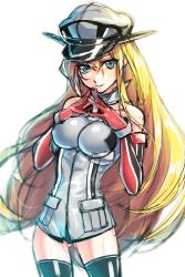 Rule 34 | 10s, 1girl, bismarck (kancolle), blonde hair, breasts, female focus, gloves, hat, iwamoto eiri, kantai collection, long hair, own hands together, solo, very long hair, white background
