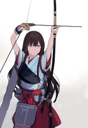 Rule 34 | 1girl, absurdres, akagi (kancolle), akagi kai ni (kancolle), archery, arrow (projectile), bow (weapon), brown eyes, brown gloves, brown hair, closed mouth, drawing bow, duoyuanjun, flight deck, gloves, hair between eyes, hakama, hakama short skirt, hakama skirt, highres, holding, holding bow (weapon), holding weapon, japanese clothes, kantai collection, kyuudou, long hair, muneate, partially fingerless gloves, partly fingerless gloves, red skirt, sheath, sheathed, single glove, skirt, solo, sword, weapon, white background, yugake