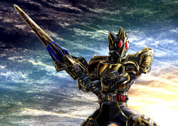Rule 34 | 1boy, armor, blay buckle, blay rouzer, commentary request, compound eyes, feet out of frame, gold armor, kamen rider, kamen rider blade, kamen rider blade (king form), kamen rider blade (series), looking ahead, masukudo (hamamoto hikaru), multicolored sky, outdoors, red eyes, rider belt, sky, solo, sword, tokusatsu, weapon