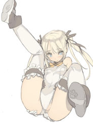 Rule 34 | 1girl, bare shoulders, blade (galaxist), blonde hair, blue eyes, boots, covered navel, dead or alive, dead or alive 5, frilled thighhighs, frills, hair ribbon, legs up, leotard, long hair, lying, marie rose, partially visible vulva, paw print soles, ribbon, simple background, solo, tears, thighhighs, twintails, white background, white thighhighs