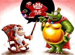 Rule 34 | 1boy, 2others, age progression, cane, cape, chair, claws, cranky kong, crown, donkey kong, donkey kong (1981 game), donkey kong (series), donkey kong country, fangs, full body, glasses, grin, highres, king k. rool, mario, mario (series), multiple others, nintendo, old, one eye closed, pointing, retro, rocking chair, sitting, smile, speech bubble, standing, white beard, wink